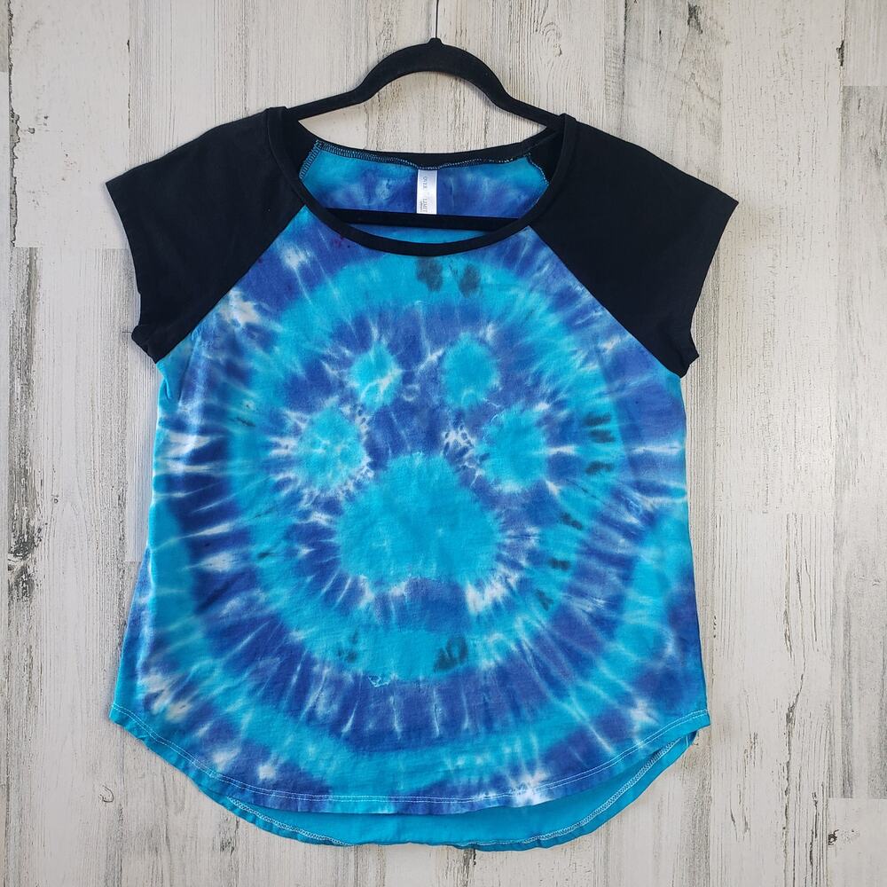 Over The Limit Blue Paw Print Tie Dye Raglan Short Sleeve T-Shirt Size XL